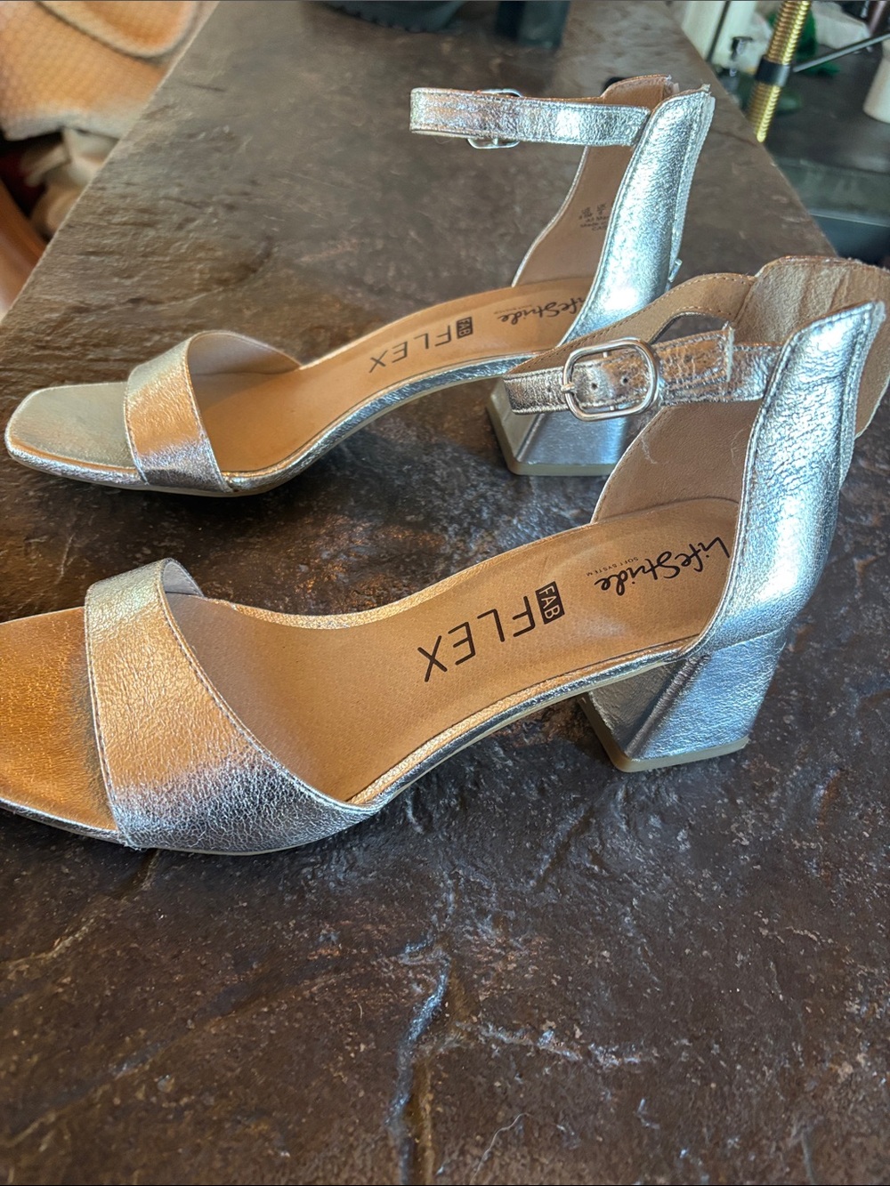 Life Stride Silver Metallic Ankle Strap Block Heel Sandals